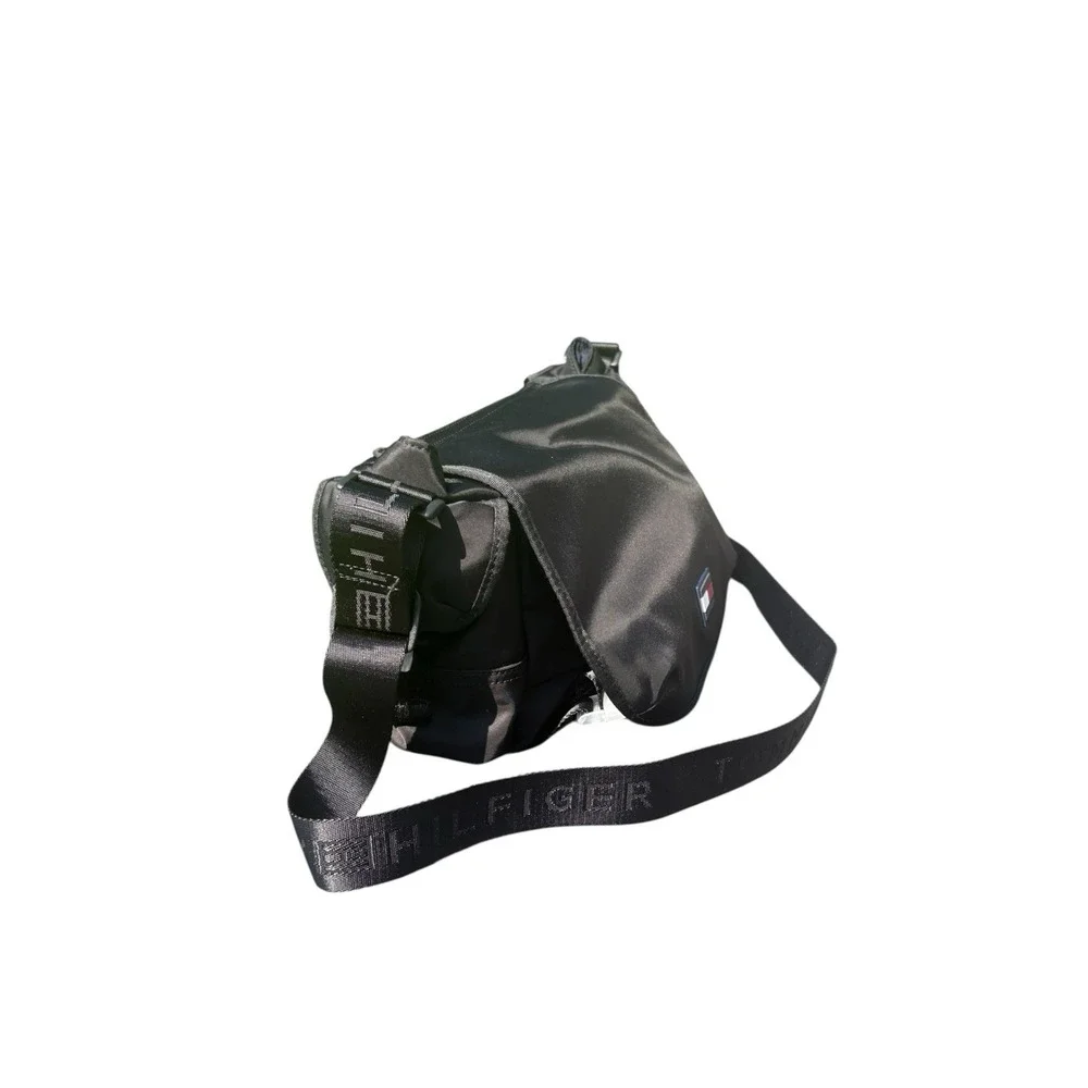 Tommy Hilfiger Womens OS/TU Satchel Flap Shoulder Bag Black Nylon White Red Logo - Picture 4 of 7